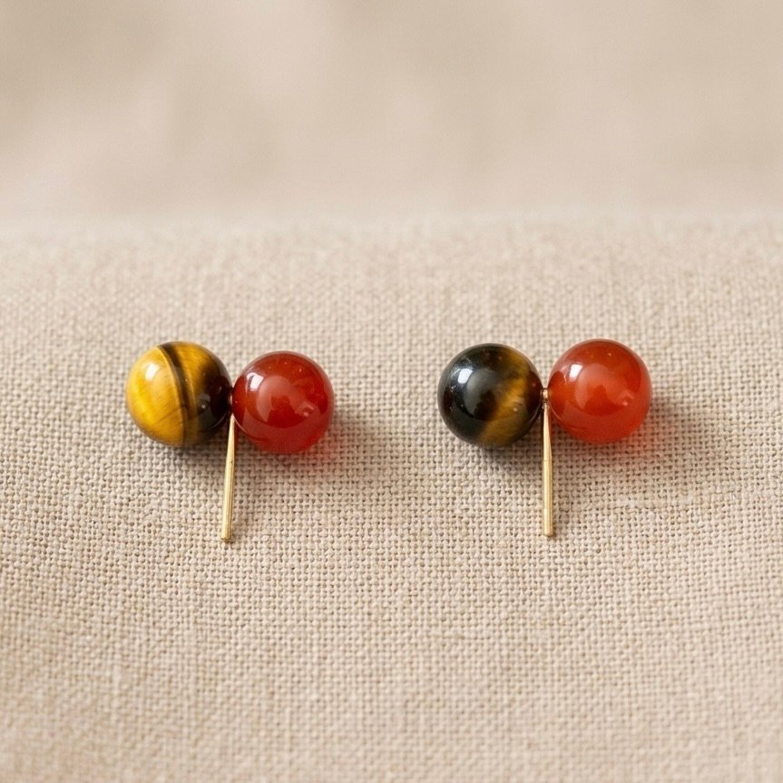 Red Agate Tiger Eye Stud Earrings S925 Sterling Silver - Image 1
