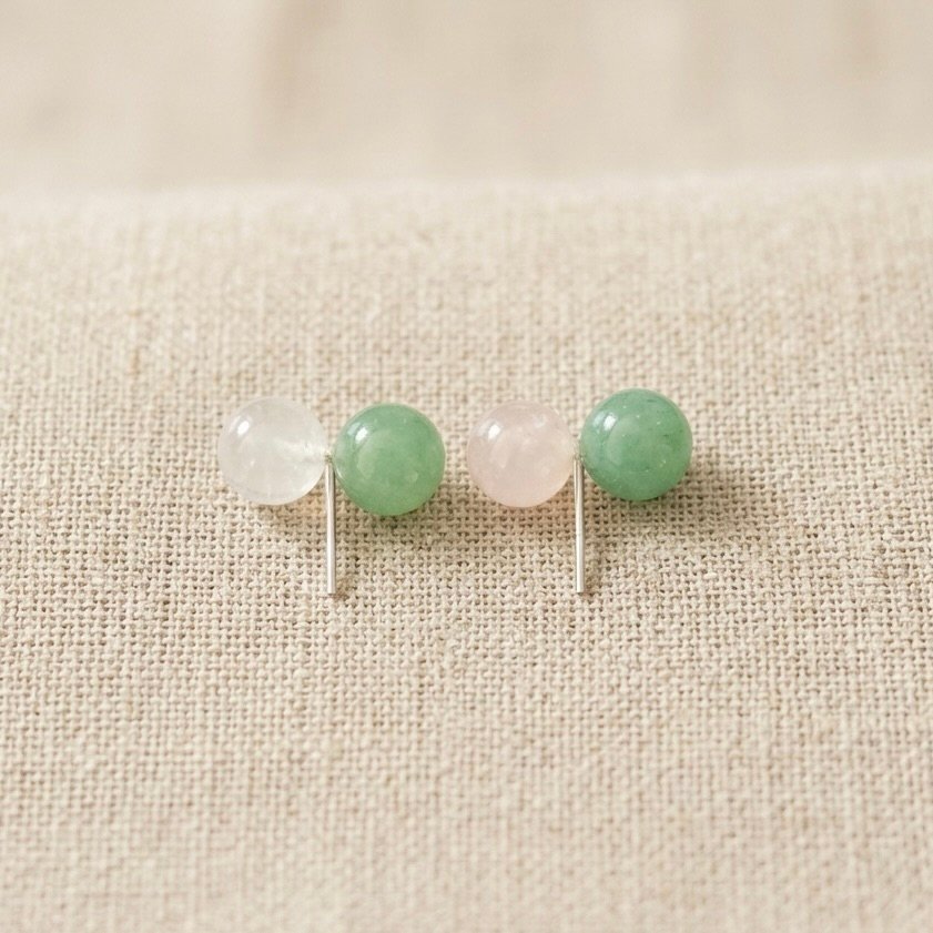 S925 Sterling Silver Pink Rose Quartz & Green Aventurine Earrings - Image 1